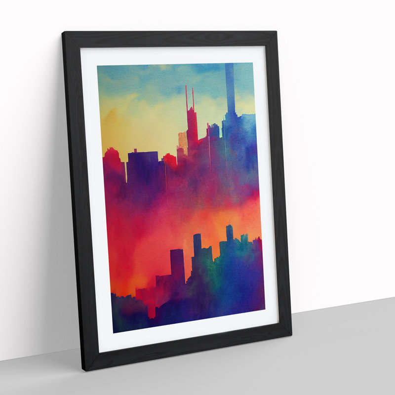 City Skyline In Watercolour No.2 Abstract - Single Picture Frame Painting, Black, 64cm H x 46cm W x 2cm D