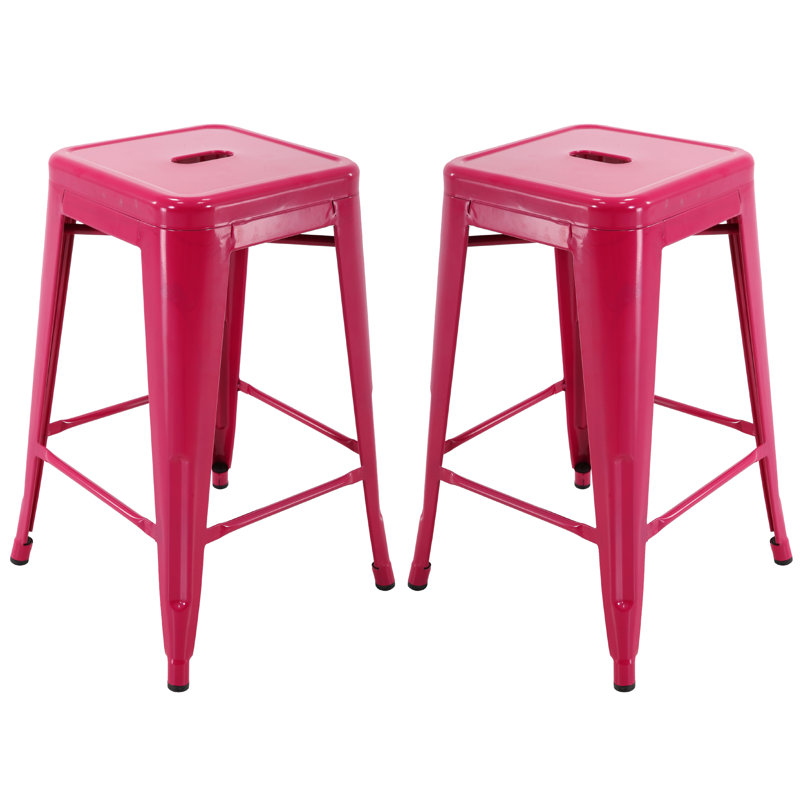 Almodovar 24" 24 Inch Metal Bar Stools, Backless Counter Height Barstools, Stackable Stools with Square, Fuchsia