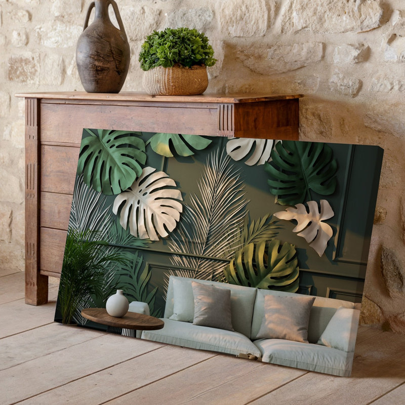 Toile, un salon moderne avec mur texturé orné de grandes feuilles de Monstera tridimensionnelles aux nuances variées