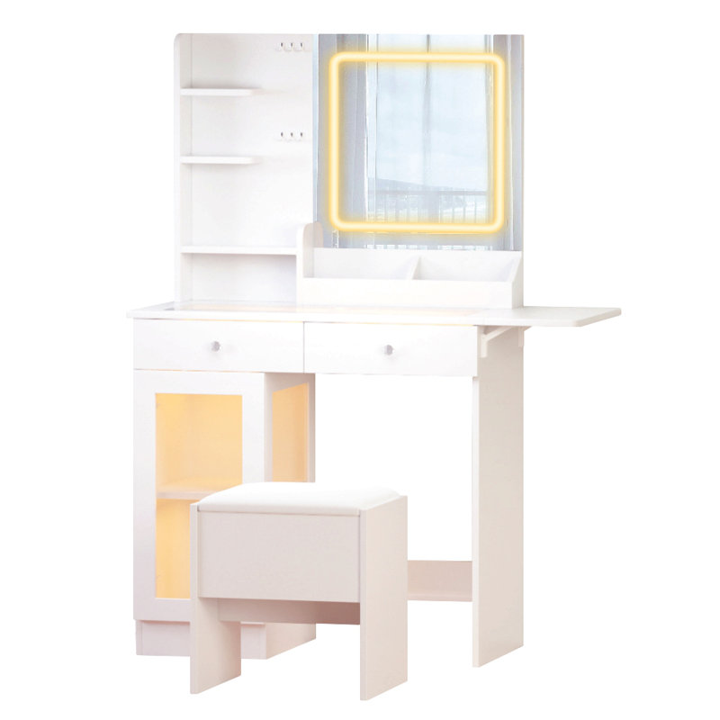 Small Vanity Desk With Mirror And Lights And Chair, Makeup Vanity With Glass Top And 2 Usb Power Strip, Vanity With Two Drawers And One Cabinet, Dressing Table Set With 3 Lights Colors Mirror (White)