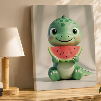Canvas A Cute Cartoon Dinosaur Character Sitting With A Playful Expression Wall Art Holds A Large Slice Of Watermelon In Its Tiny Canvas Wall Art
