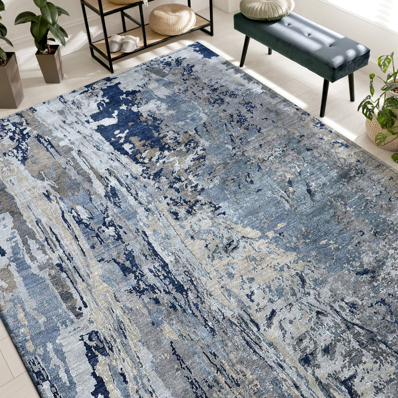 Hand Knotted Abstract Area Rug in Blue, Runner 4' x 10'