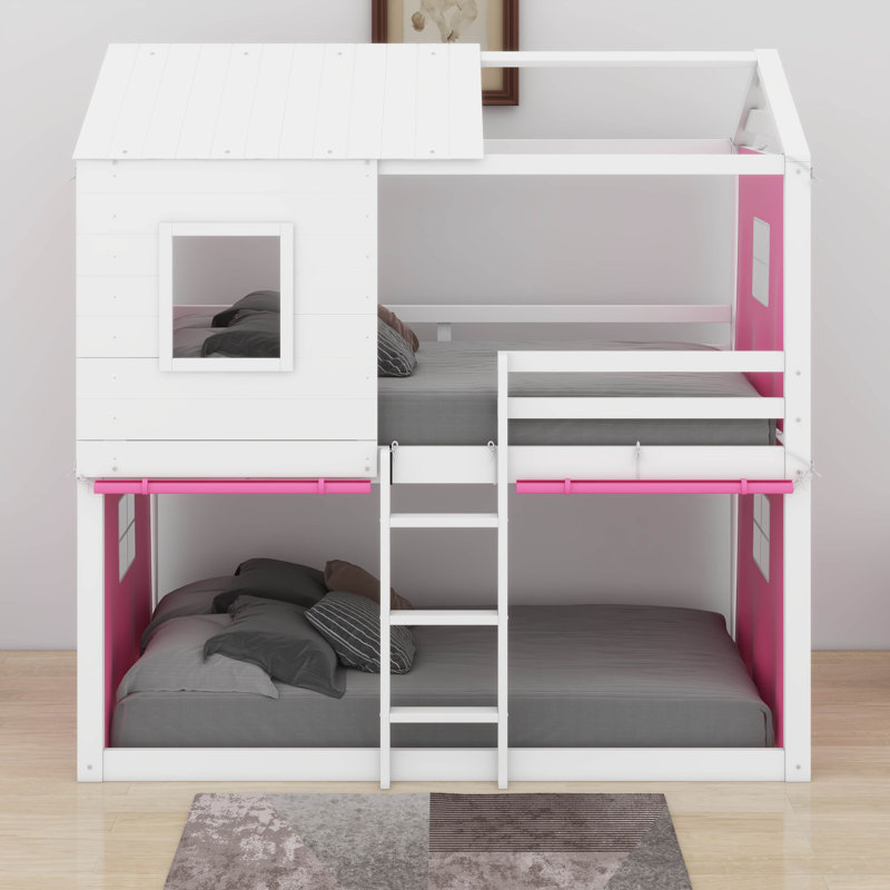 Twin Size Bunk Wood House Bed With Tent, Twin, Pink/White