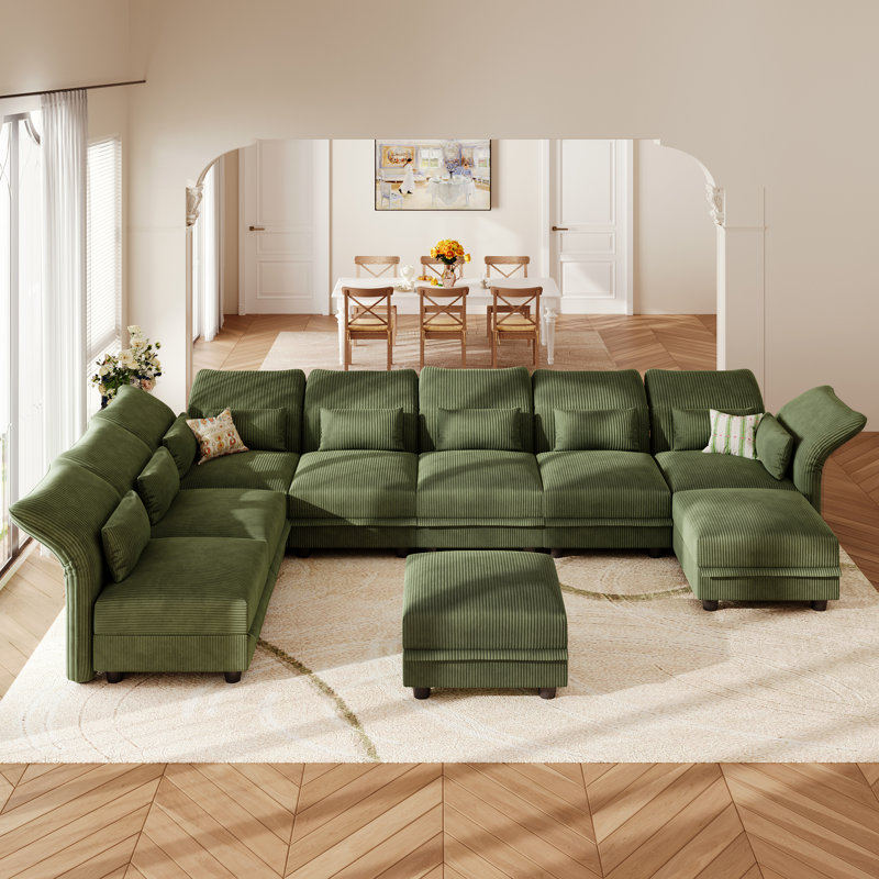 U-Shaped Upholstered Modular Sectional Sofa With Storage, 9 Seat  Corduroy  Couche With Adjustable Arms Backs,Plush Supportive Cushions, Green
