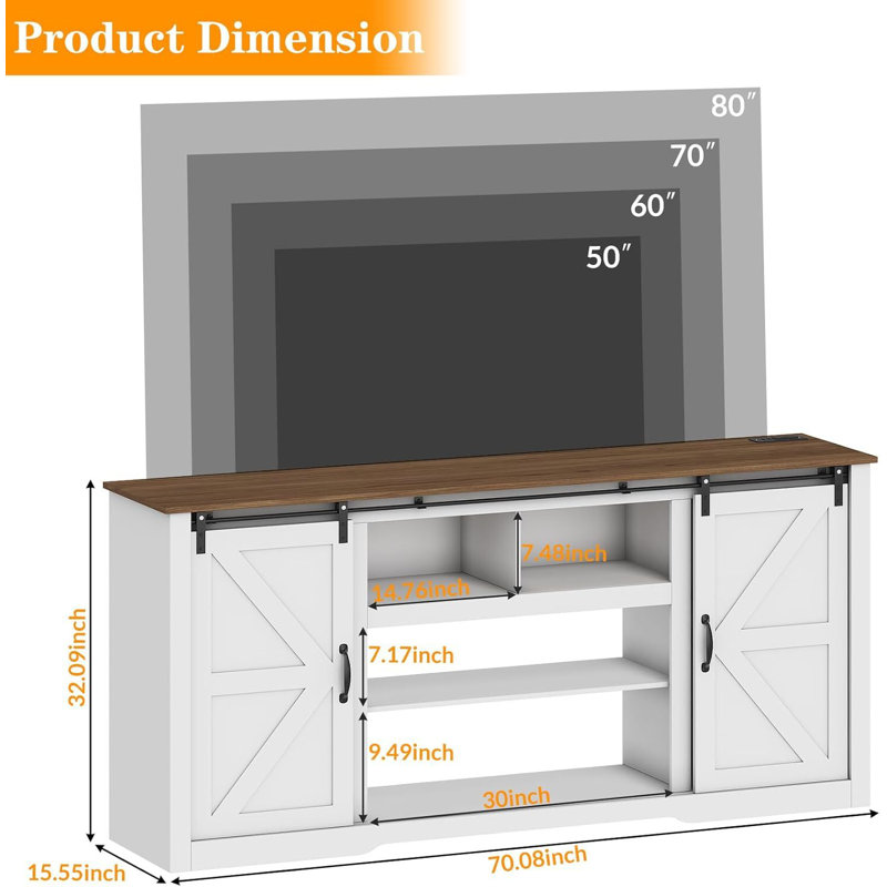 Farmhouse TV Stands, With Adjustable Shelves & Sliding Barn Door, Brown/White