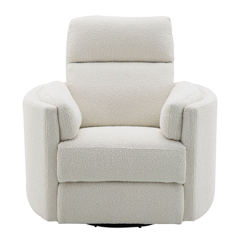 Beige Boucle Swivel Recliner with Wood Frame