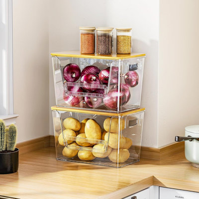 2-Set Pantry Organizer & Trash Bag Dispenser – Clear Holder With Bamboo Top For 4–13 Gallon Bags, Under Sink Storage For Onion, Potato, And Garlic