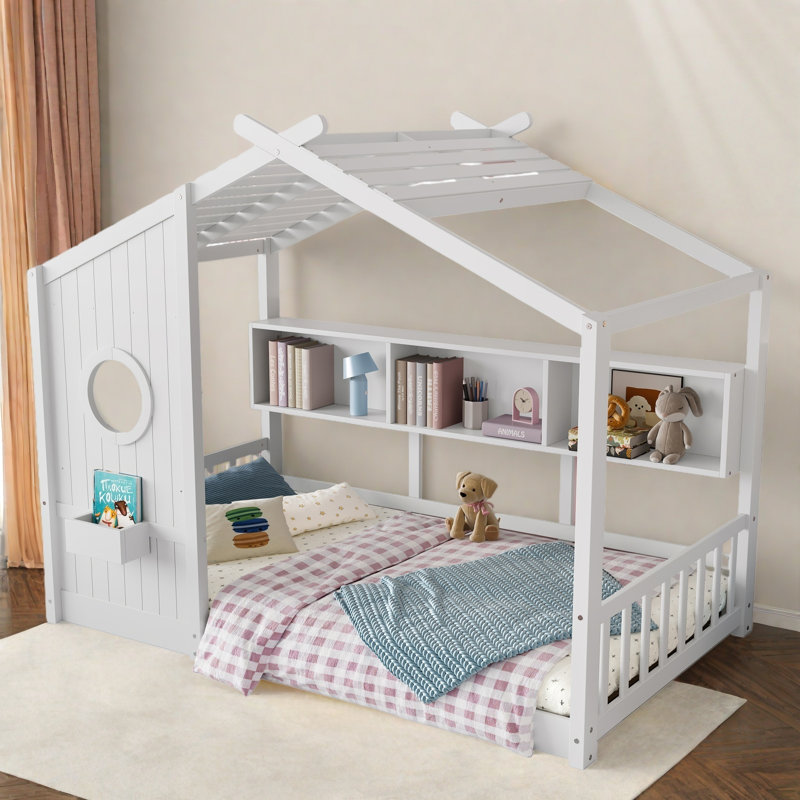 Lit sur pied avec tablettes de rangement, Simple, Blanc