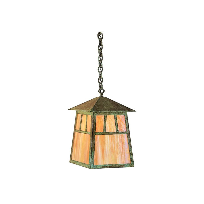 Lanterne suspendue d'extérieur 1 lumière Raymond, H 15,5 po x l 9,88 po, Brun rustique, Mica de couleur ambrée