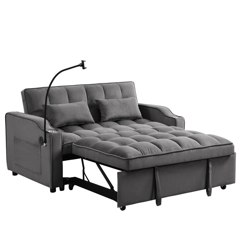 Dark Grey Bed With Trundle, High - Quality Velvet 2 Seat, Convertible To Sleeper Or Recliner, Adjustable Back For Sitting, Lying, Sleeping, Easy Clean And Maintain, Pillows, Ports Phone Stand Seat