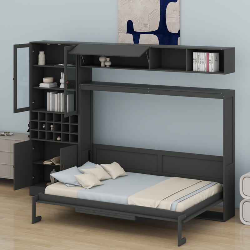 Lit escamotable mural avec canapé, tablettes USB et lumière Murphy, Gris