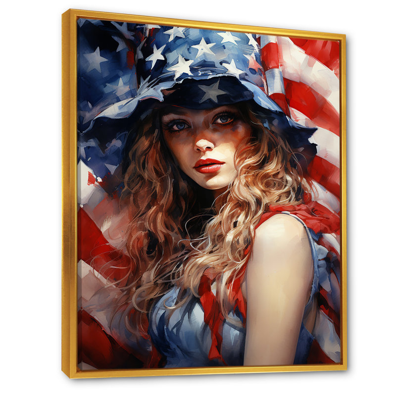 «American Spirit Woman Us Flag II» - drapeau, art mural États-Unis, Cadre flottant doré, H 20 po x l 12 po