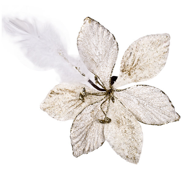 Amarylis and Feather Detail A Clip Shaped Ornament, Ivory/Platinum