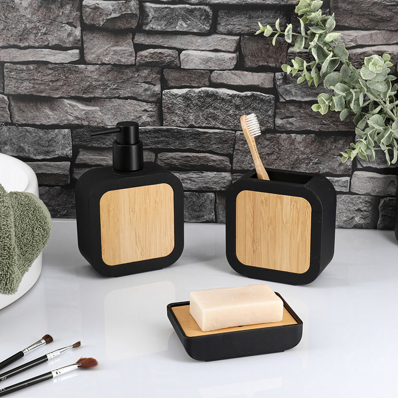 Distributeur de savon contemporain en caoutchouc et bois, Noir