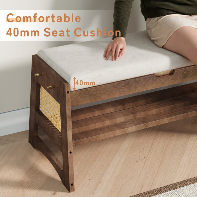 Shoe Rack Bench with Flip-Top Storage – 30" W x 15.7" H Solid Wood Shoe Organizer with Cushioned Seat and Side Hooks for Entryway, Hallway, Foyer, Closet, or Living Room