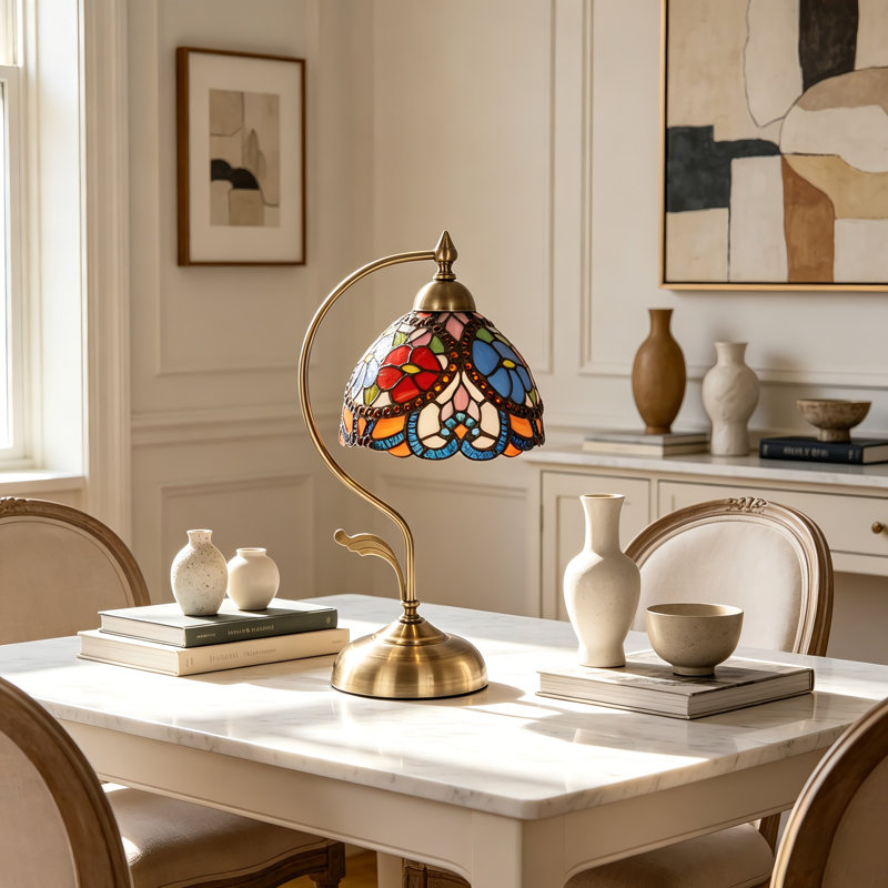Lampe de table 17,5 "Tiffany perlée rouge et bleue, lampe de chevet en verre coloré pour le salon de la chambre à coucher