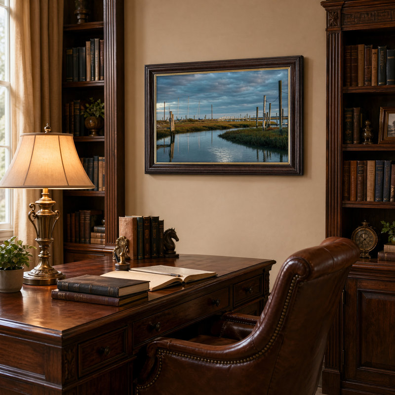 Art mural antique sur toile encadré doré pour le salon, la chambre à coucher, le bureau ou le vestibule - décoration murale décorative avec ligne d'horizon de la voie d'eau