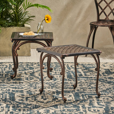 2 pièces Tables de bout en fonte d'aluminium - Kd 18 "H Cuivre vieilli plateau de table avec bordure moulée et tissé pour la table d'appoint extérieure