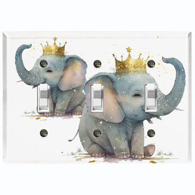 Gray Baby Elephant Crown Nature Themed 3 - Gang Toggle Light Switch Standard Wall Plate