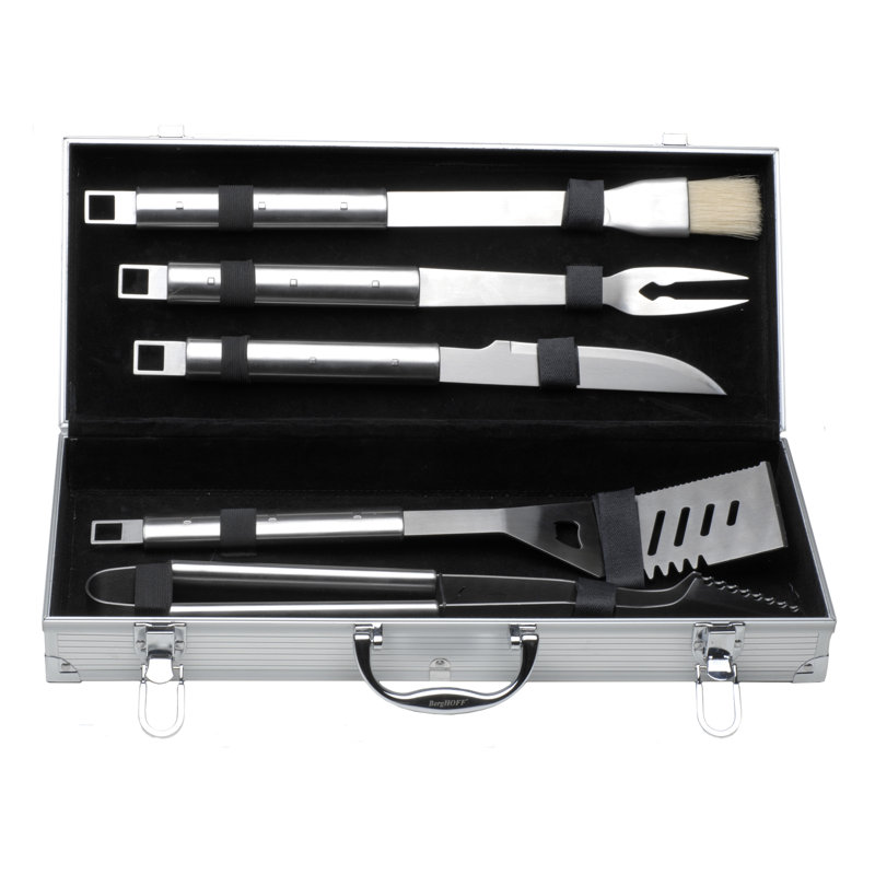 BergHOFF Essentials Cubo 6Pc 18/10 Stainless Steel BBQ Grilling Tool Set with Metal Case