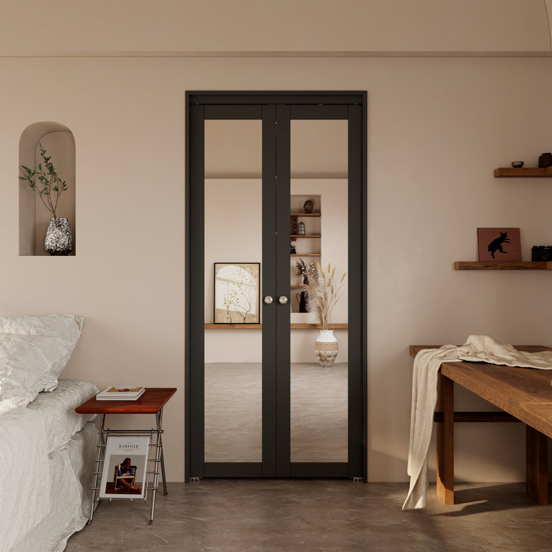 Porte pivotante à la française ou à deux vantaux 30 po x 80 po, 1 panneau miroir, en bois d'ingénierie massif avec trousse de quincaillerie d'installation, noire (placard-garde-manger)