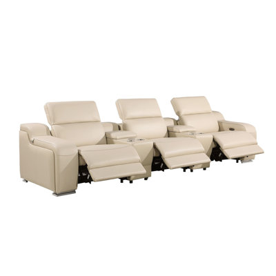 Gracie Mills Montclair Sofa 129" Beige Italian Leather Reclining USB Sofa