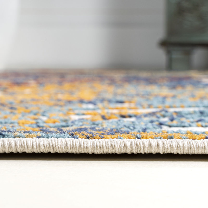 Wolfhard Ornate Trellis Cream/Blue/Orange Indoor/Outdoor Rug, Rectangle 4' x 6'
