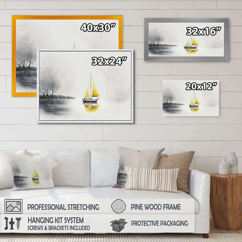 Bateau ancré II - reproduction sur toile, H 24 po x l 32 po x P 1 po, Toile avec cadre flottant noir