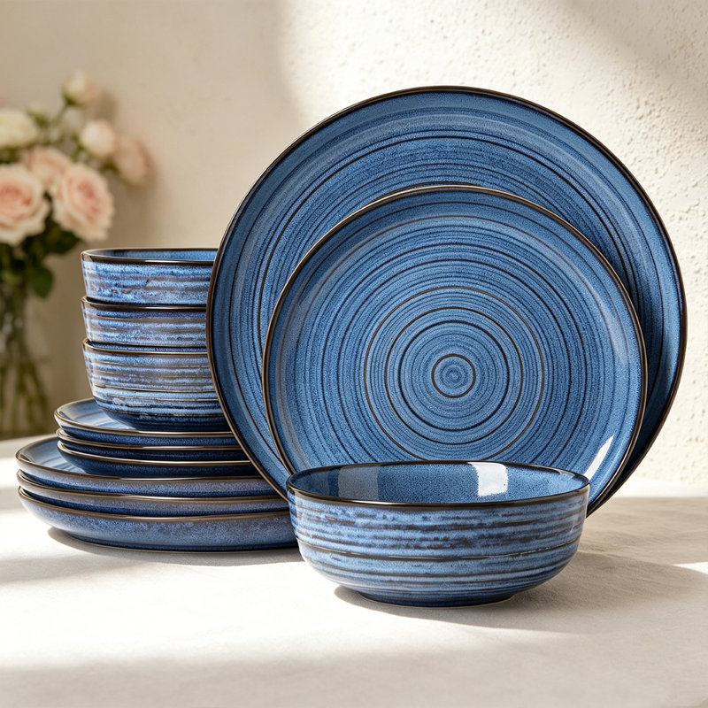  Service de vaisselle en grès 12 pièces Halo Edge, service pour 4, Bleu