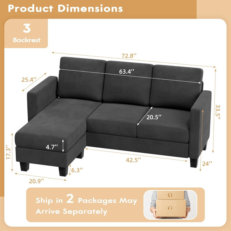 72" Upholstered Sofa Chaise, Dark Gray