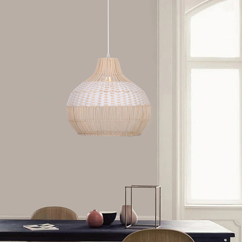 Calpella -Natural and White Rattan Light Pendant, 13.78" H x 13.78" W x 13.78" D