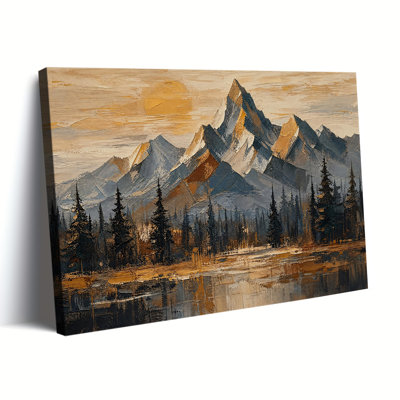 Horizontale soleil doré, montagne rocheuse, pin, lac, réflexion, sourdine, fond texturé neutre, impression sur toile, art mural plat, chalet de montagne rustique, décor, peinture