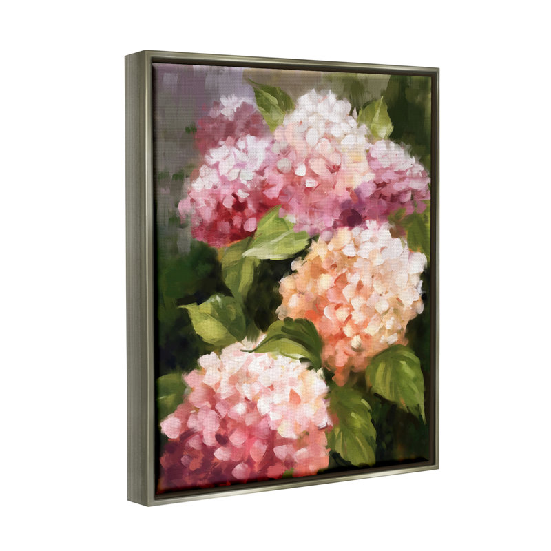 «Red Barrel Studio®», art floral encadré par des hortensias roses par Ziwei Li, Cadre flottant gris lustré