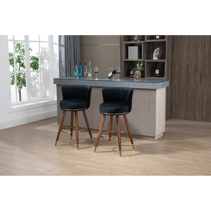 2 tabourets de bar à hauteur de comptoir - pieds en bois massif, siège fixe pivotant à 360 degrés et repose-pieds noir, 2 tabourets, pieds fixes à 360 °, repose-pieds, siège, siège confortable, rétro