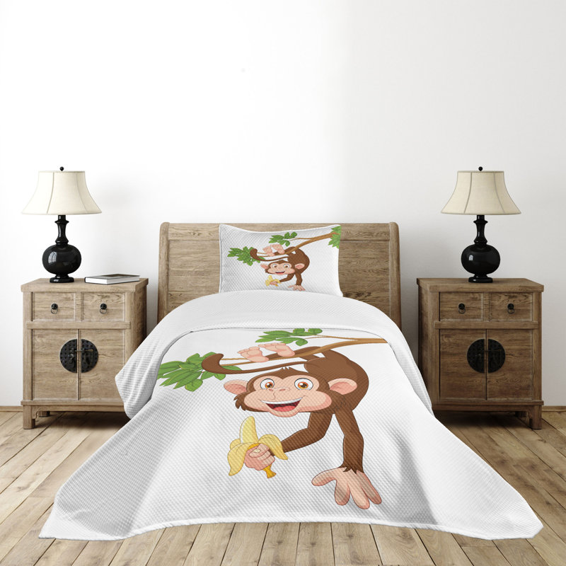 Twin White Quilted Bedspread Set with Monkey Design
