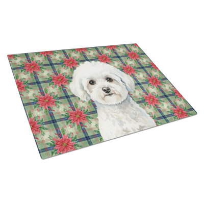 Bichon Frise Christmas PoinsettIas Glass Cutting Board