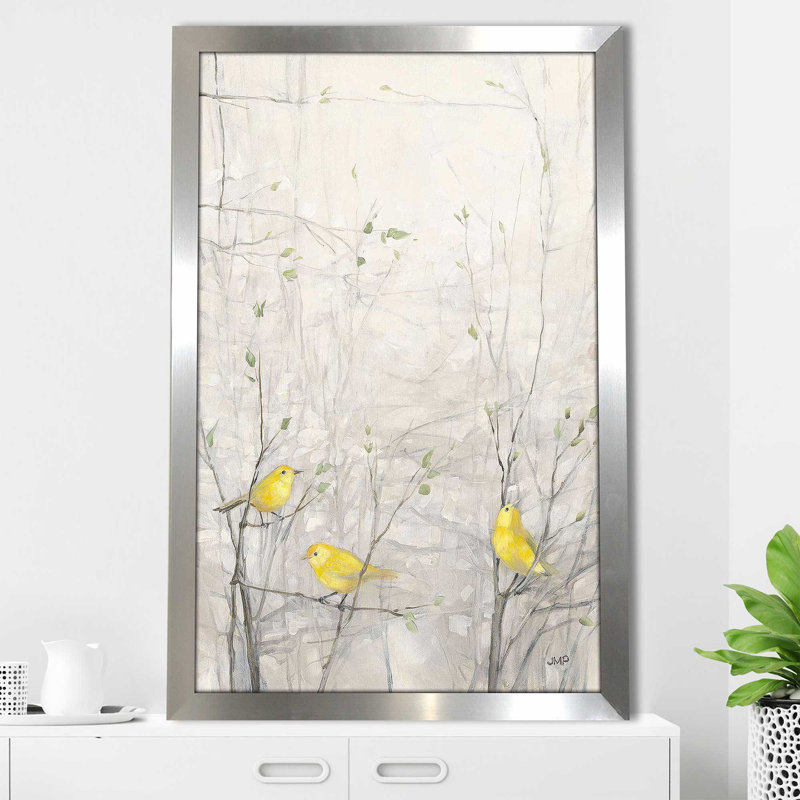 Oiseaux dans les arbres I par Julia Purinton - Peinture, Encadrement argenté, H 39,5 po x l 27,5 po x P 0,75 po