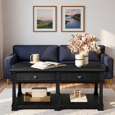 45.3''Farmhouse Wooden Coffee Table with 2 Storage Drawers, Open Lower Shelf and Traditional Turned Legs