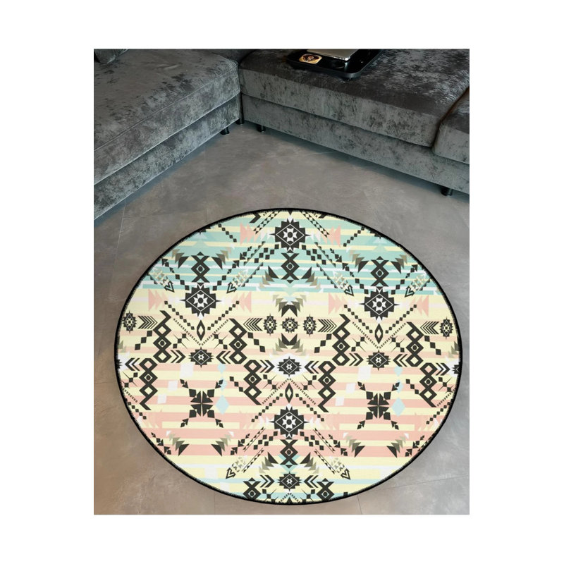 Multicolored Black Ethnic Patterned Detailed Woven Base Modern Decorative Carpet, Round 4'