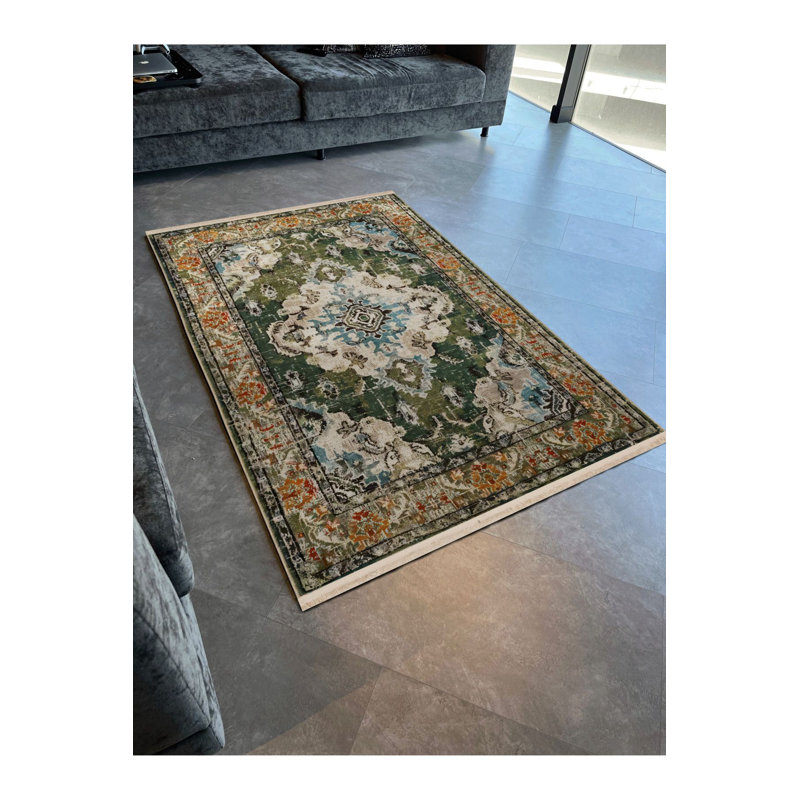Tapis décoratif rétro vert à motif traditionnel, Sous-tapis rectangulaire de 3 pi 3 po x 4 pi 11 po