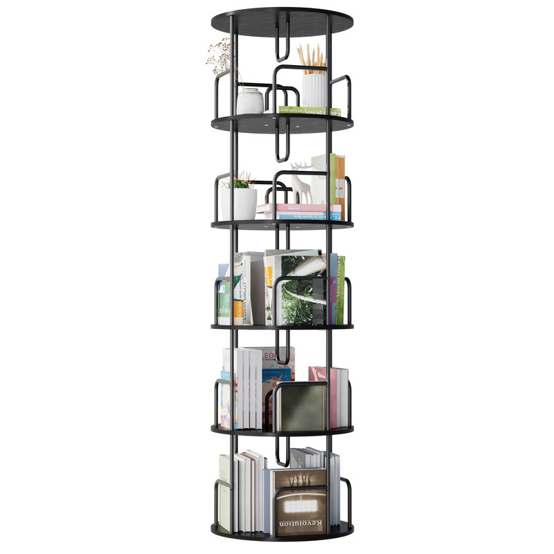 Bibliothèque rotative à 5 niveaux avec plateau tournant à 360 °, rangement fonctionnel pour étude, étagère à livres ronde à rotation verticale de couleur noire, rangement pour la maison Spinning, + fer