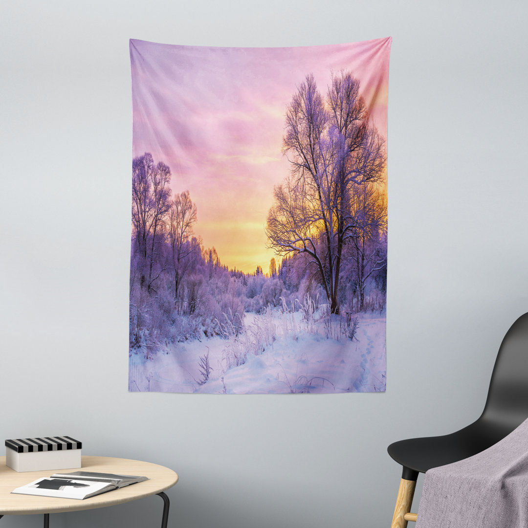 Wandteppich, Landschaft mit Sonnenuntergang, Winter, Weiß Rosa