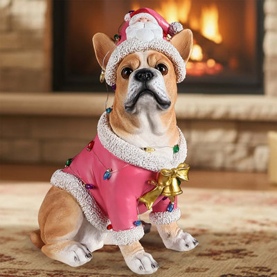 Charming Christmas French Bulldog Statue in Pink Santa Outfit, Perfect for Festive Home Decor
