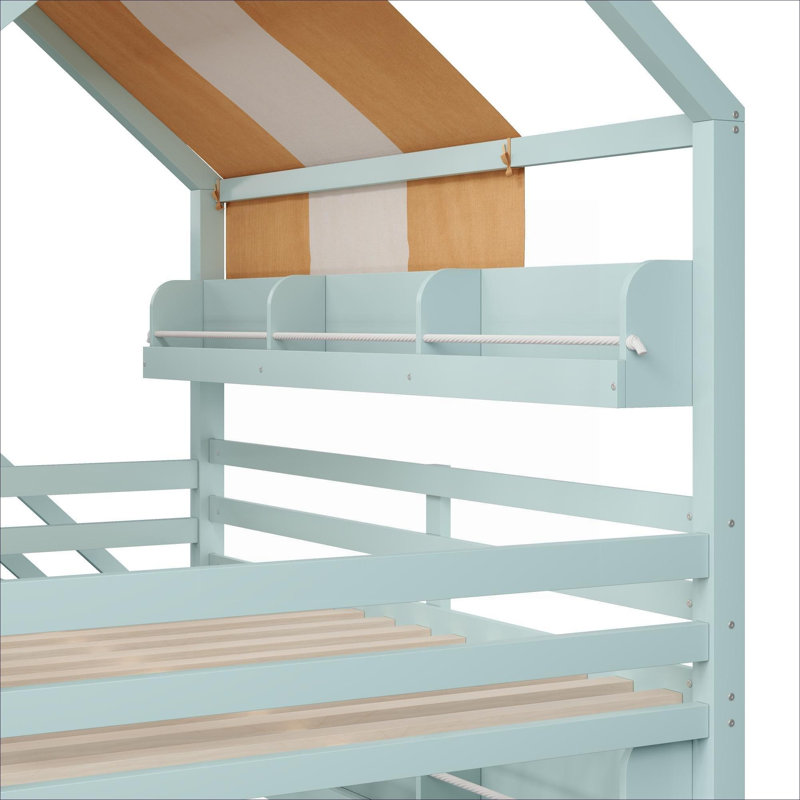 Structure de lit superposé en bois massif de couleur verte pour chambre d'enfant, maisonnette avec auvent, glissoire et bibliothèque intégrée