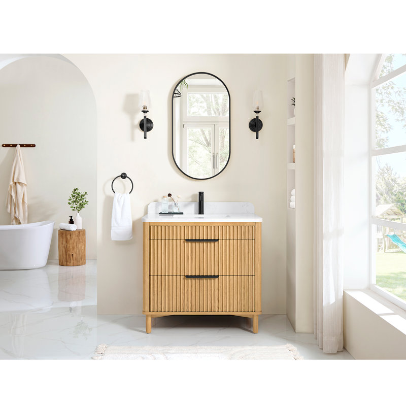 Meuble-lavabo simple 36 po Mumbai, Noir mat, 36", Chêne brun clair patiné