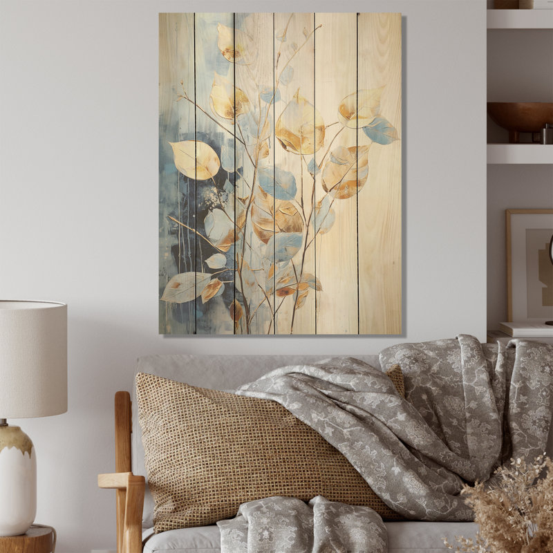 Délice de jardin gris et doré - Plantes, art sur bois de pin naturel, H 32 po x l 24 po