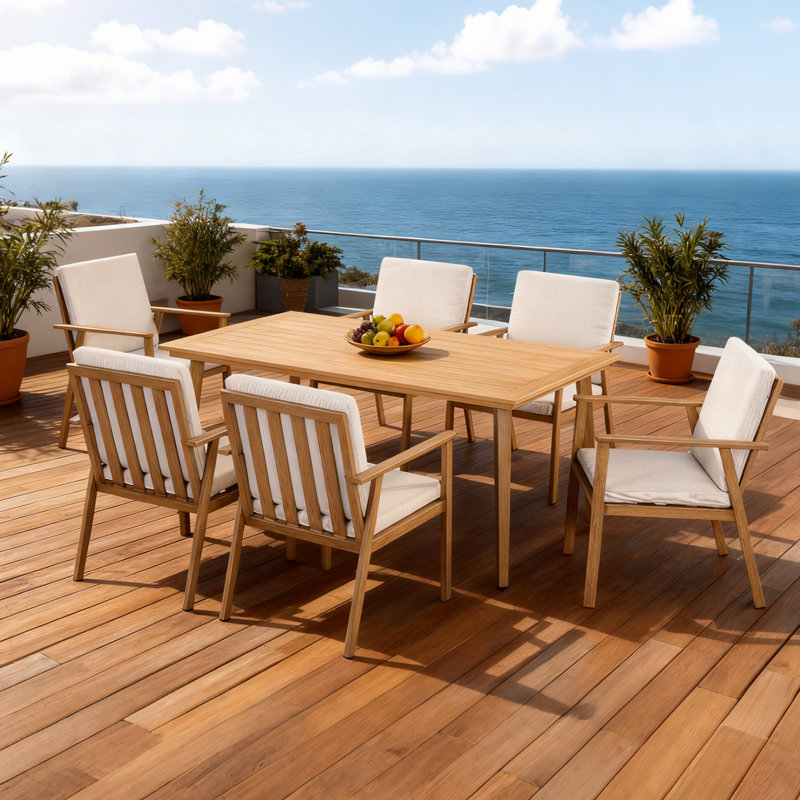 Ensemble de salle à manger d'extérieur 7 pièces en teck et aluminium avec table rectangulaire et chaises de jardin avec coussins
