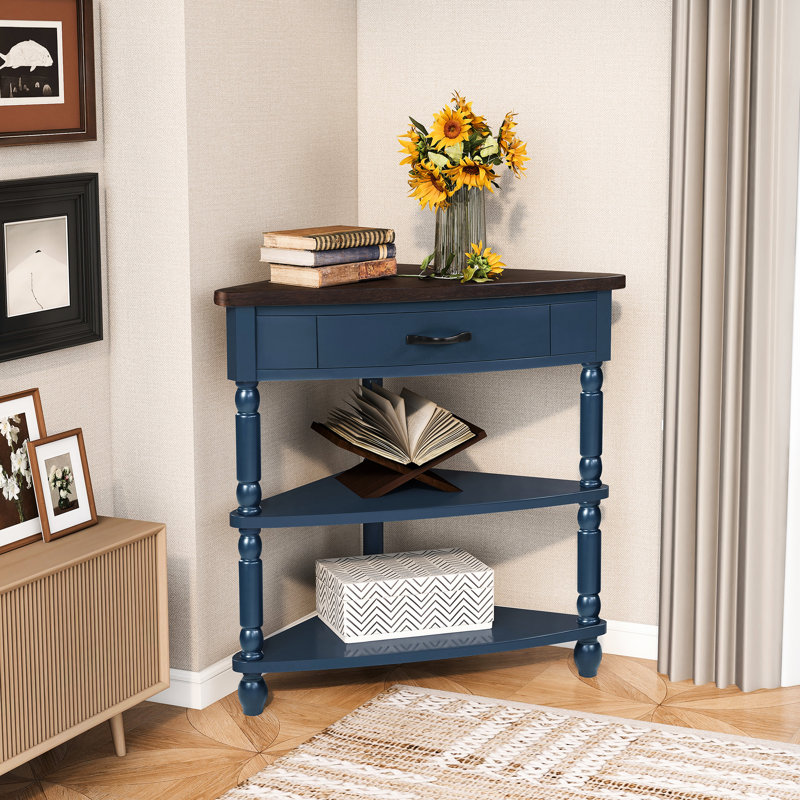 Petite table d'angle à 3 niveaux pour les espaces, pieds en bois massif de 33,8 po de long, finition bleu marine, plantes de rangement et objets de collection, surface imperméable, pas de trous de vis exposés