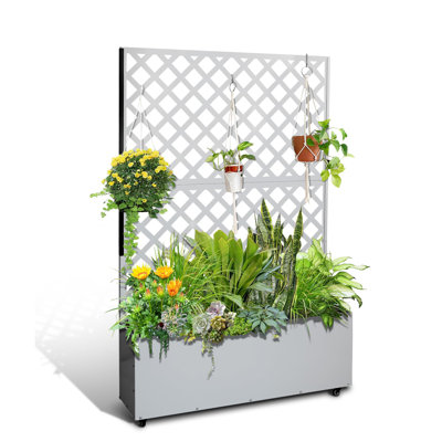 Metal Raised Planter Box with Trellis Privacy Screen, Patio Garden Bed with Wheels, Ideal for Climbing Plants, Vegetables, Flowers, Galvanized Steel,