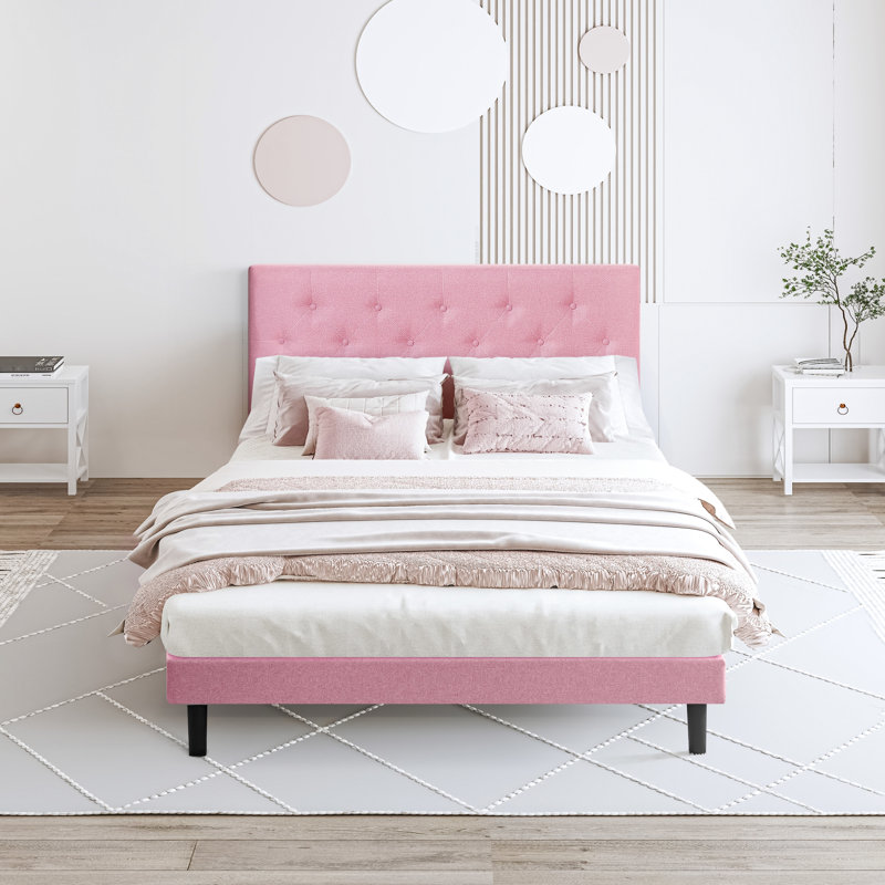Upholstered Queen Bed In Pink With Headboard - No Box Spring, Easy Assembly, 70.4 Lb Package Weight, 600 Lbs Limit Size Linen Spring Needed, Setup, Modern